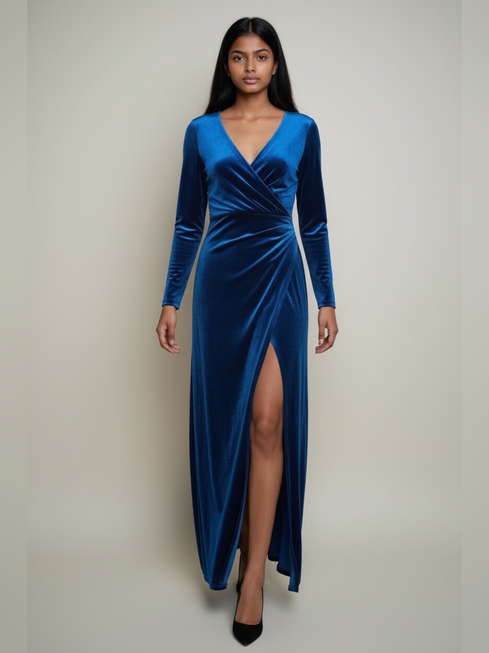 Blue Velvet Wrap Maxi Dress with Thigh Slit Sz 10 nwt